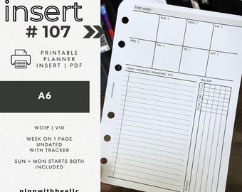 107 | WO1P w/ Tracker | WO1P V 10 | Undated | Sun + Mon Starts | Printable Insert | A6 | Plan With Bee | Instant Download