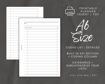 097 | Coded List Detailed | Key Section + Coding Column | Categorized List | Printable Insert | A6 | Plan With Bee | Instant Download
