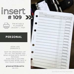 109 | Book Log V2 | Wide Lines | Printable Planner Insert | PERSONAL | Plan With Bee | Instant Download