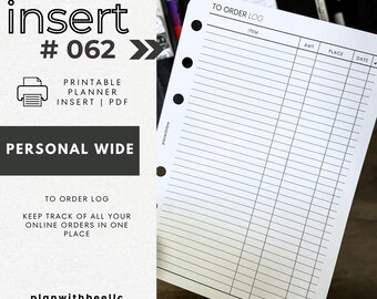 062 | To Order Log | Online Order Tracker | Printable Planner Insert | PERSONAL WIDE | Plan With Bee | Instant Download