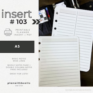 103 | Basisnotities | Brede lijnen | Volledige pagina + dubbele kolompagina | Afdrukbare planner invoegen | A5 | Plan met bij | Direct downloaden