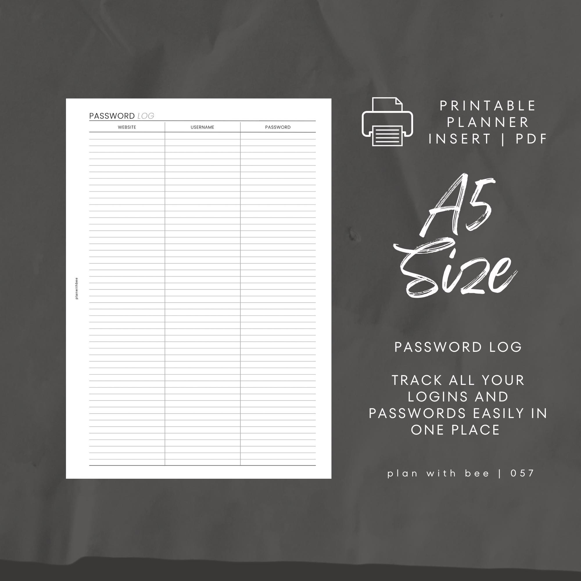 057 | Password Log | Printable Planner Insert | A5 | Plan With Bee ...