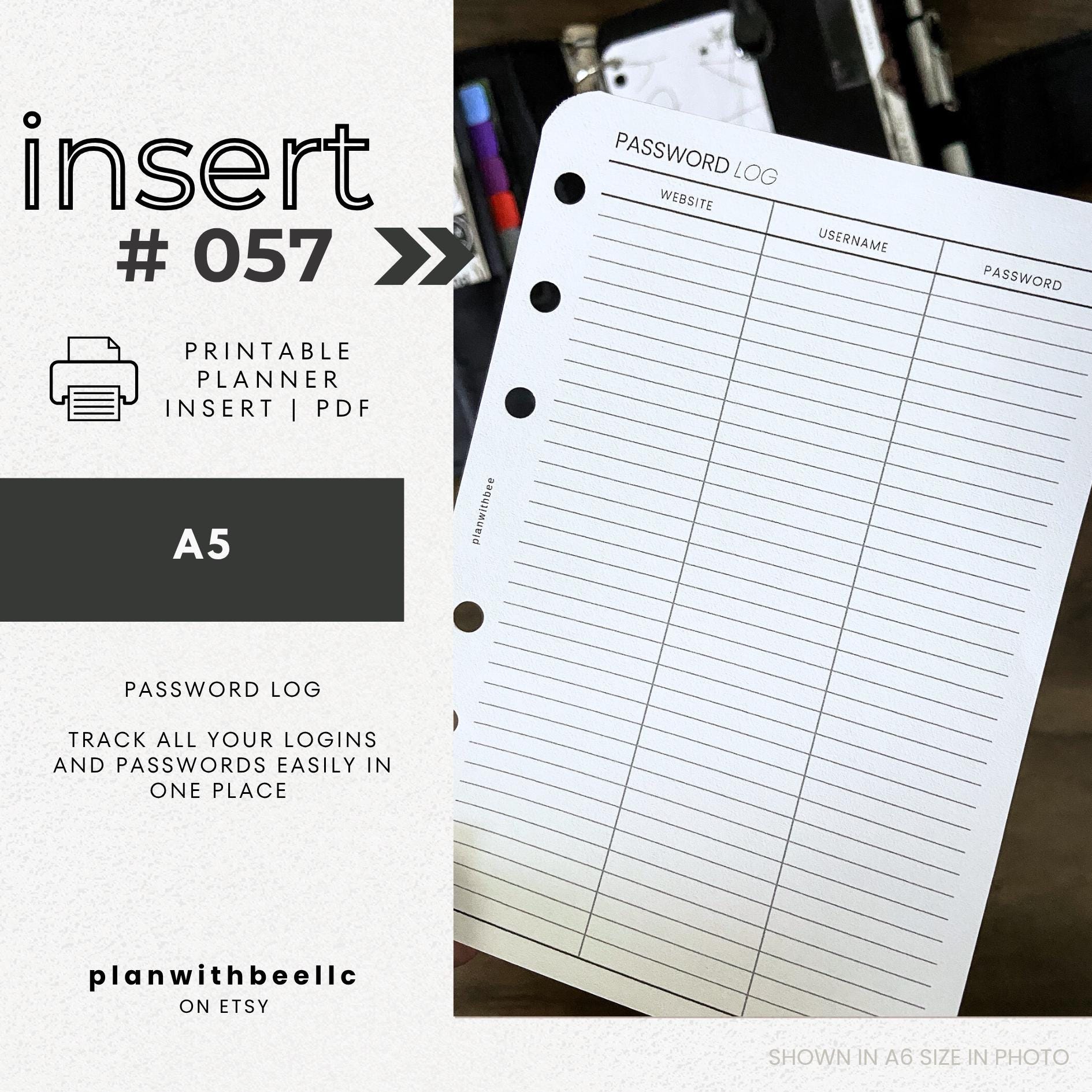 057 | Password Log | Printable Planner Insert | A5 | Plan With Bee ...