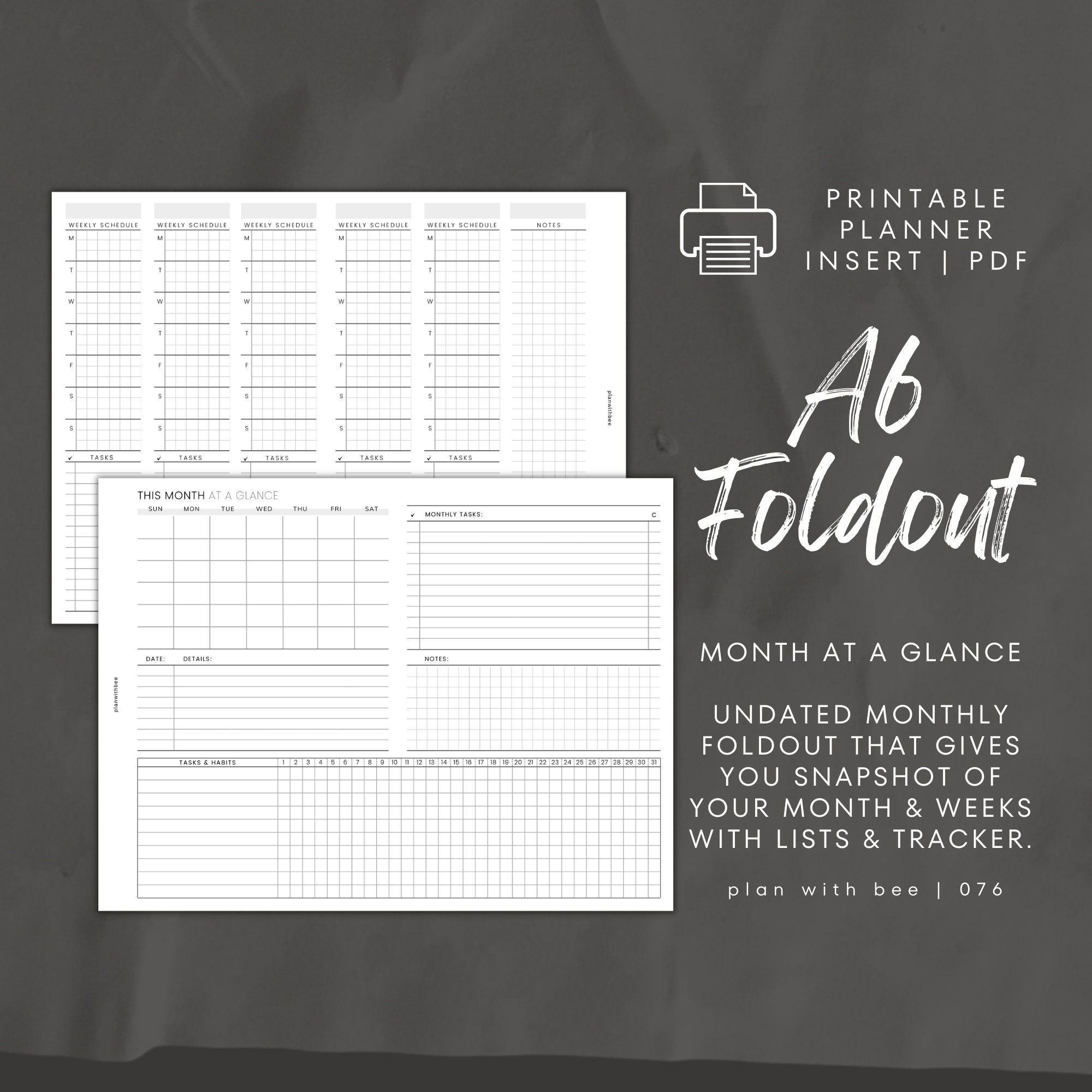 076 | Month At A Glance FOLDOUT w/ Tracker + Coded Task List | Undated | Sun & Mon Starts | Printable | A6 | Plan With Bee| Instant Download