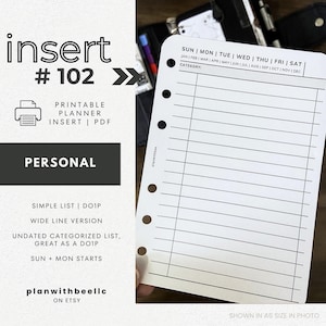 102 | Simple List | DO1P | Wide Lines | Undated | Sun + Mon Starts | Printable Insert | PERSONAL | Plan With Bee | Instant Download