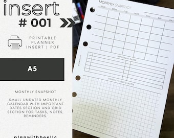 001 | Monthly Snapshot | Undated MO1P V1 | Sun & Mon Starts | Printable Planner Insert | A5 | Plan With Bee | Instant Download