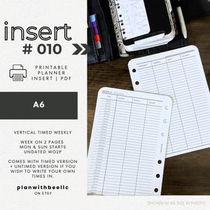010 | Hebdomadaire chronométré vertical | Semaine non datée sur 2 pages | Lun & Dim commence | Encart d'agenda imprimable | A6 | Planifiez avec Bee | Téléchargement instantané
