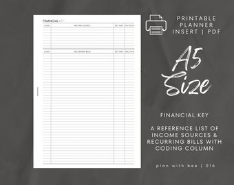 016 | Financial Key | Coded Finances | Recurring Bills & Income | Printable Planner Insert | A5 | Plan With Bee | Instant Download