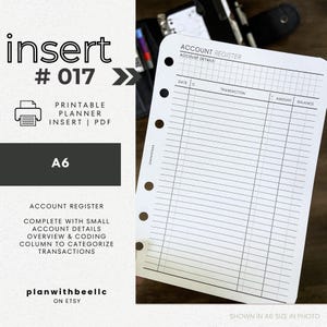 017 | アカウント台帳 | コード付き/詳細アカウント台帳 | 印刷可能なプランナー挿入物 | A6 | Plan With Bee | すぐにダウンロード