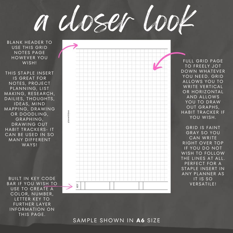 Op de afbeelding: Een witte pagina met raster voor notities met de tekst "a closer look". De pagina is ontworpen voor notities, projectplanning en het bijhouden van gewoonten. Het raster is lichtgrijs en het voorbeeld wordt getoond in A6-formaat.