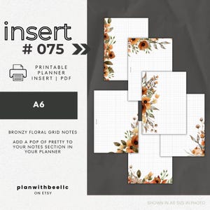 075 | Bronzy Floral Grid Notes | Grid Notes Pages With Floral | Printable Planner Insert | A6 | Plan With Bee | Instant Download