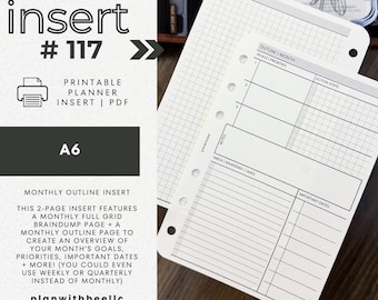 117 | Monthly Outline | Goals, Priorities, Tasks, Dates, Etc | Printable Insert | A6 | Plan With Bee | Instant Download