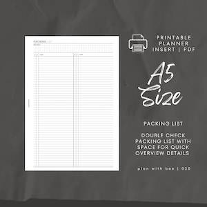 020 / Lista di imballaggio / Controlla due volte la lista di imballaggio / Inserto stampabile per planner / A5 / Plan With Bee / Download immediato