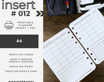 012 | Month On 2 Pages | MO2P Undated | Mon & Sun Starts | Printable Planner Insert | A6 | Plan With Bee | Instant Download