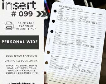 099 | Instantanés de critiques de livres | Encart d'agenda imprimable | ÉLARGISSEMENT PERSONNEL | Planifiez avec Bee | Téléchargement instantané
