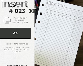 023 | Entretien du véhicule | Encart d'agenda imprimable | A5 | Planifiez avec Bee | Téléchargement instantané