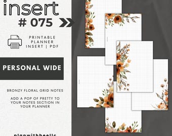 075 | Bronzy Floral Grid Notes | Grid Notes Pages With Floral | Printable Planner Insert | PERSONAL WIDE | Plan With Bee | Instant Download