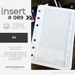 089 | 年間トラッカー（カテゴリー＆キーコードバー付き） | 印刷可能なプランナー挿入物 | A5 | Plan With Bee | すぐにダウンロード