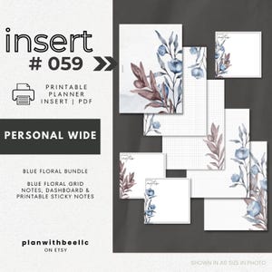 059 | Blue Floral Bundle | Floral Grid Notes, Dashboard & Sticky Notes|Printable Planner Insert|PERSONAL WIDE|Plan With Bee|Instant Download