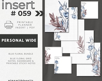 059 | Blue Floral Bundle | Floral Grid Notes, Dashboard & Sticky Notes|Printable Planner Insert|PERSONAL WIDE|Plan With Bee|Instant Download