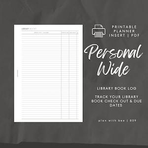 039 | Dziennik książek bibliotecznych | Wypożyczenia i terminy zwrotu | Wkładka do planera do druku | SZEROKI OSOBISTY | Planuj z Bee | Natychmiastowe pobieranie