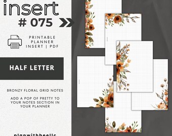 075 | Notes florales bronzées | Pages de notes avec motif floral | Encart d'agenda imprimable | DEMI-LETTRE | Planifiez avec Bee | Téléchargement instantané