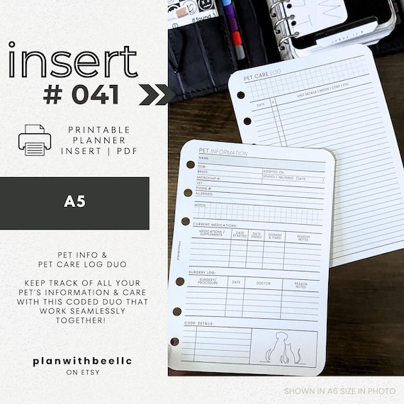 041 | Pet Info & Pet Care Log DUO | CODED Pet Care | Printable Planner Insert | A5 | Plan With Bee | Instant Download