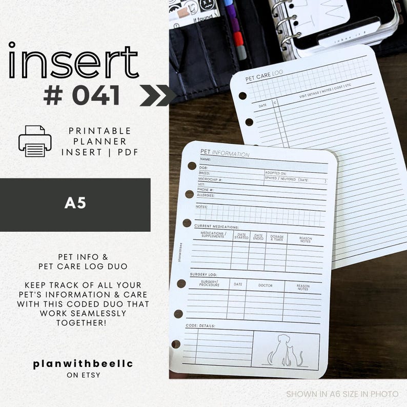 041 | Pet Info & Pet Care Log DUO | CODED Pet Care | Printable Planner Insert | A5 | Plan With Bee | Instant Download image 1