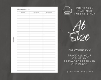 057 | Password Log | Printable Planner Insert | A6 | Plan With Bee | Instant Download