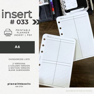 033 / Listas categorizadas / Listas multiusos / Planificador imprimible / A6 / Planifica con abeja / Descarga instantánea