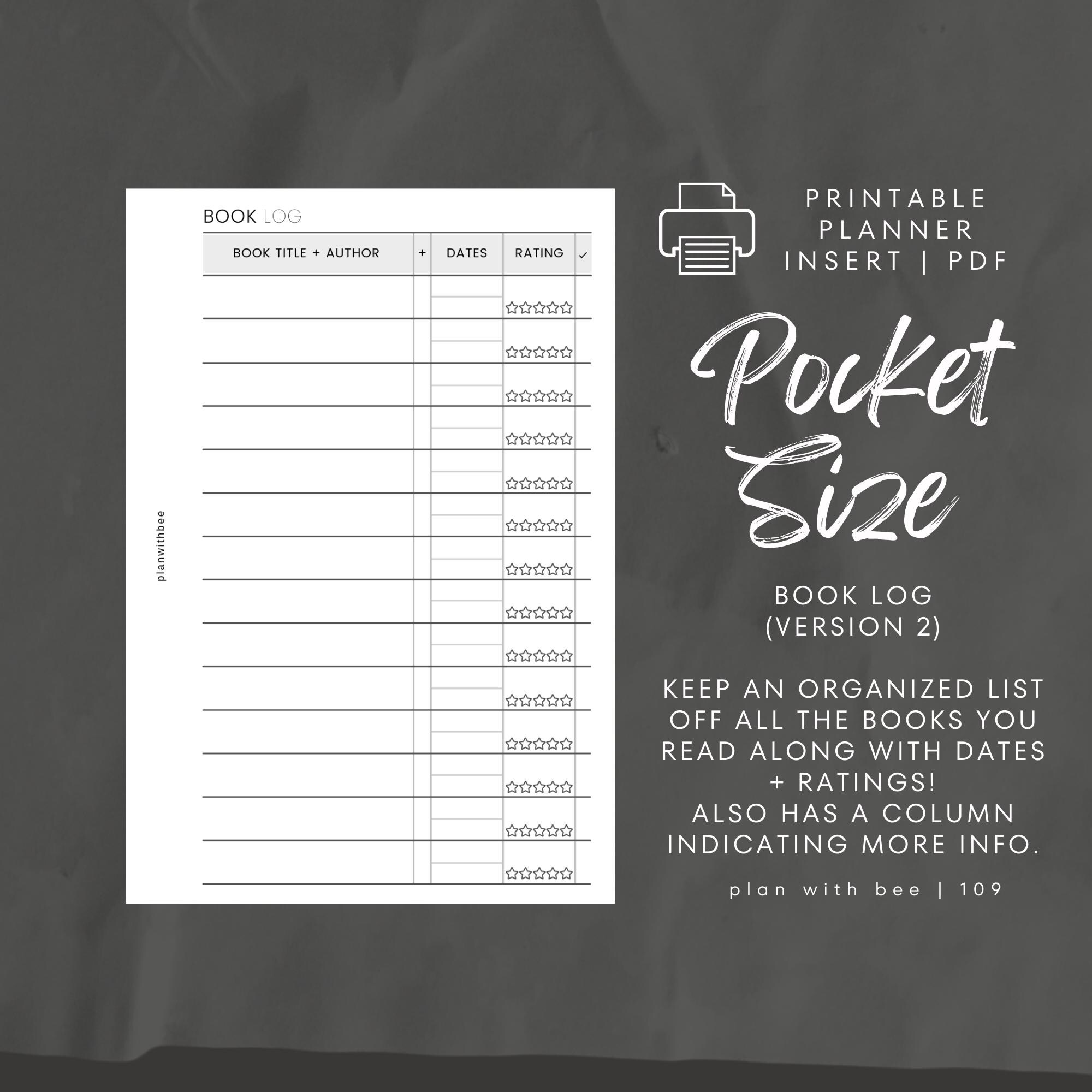 109 | Book Log V2 | Wide Lines | Printable Planner Insert | POCKET | Plan With Bee | Instant Download