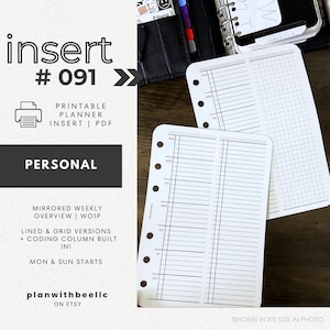 091 | Speglad veckoöversikt | Odaterad WO1P | Sön & Mån Börjar | Utskrivbar kalenderinsats | PERSONLIG | Planera med bi | Direktnedladdning