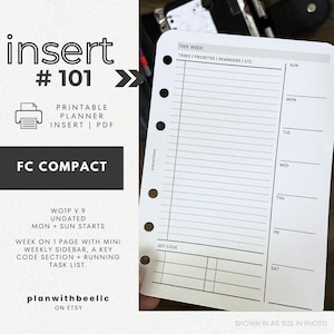 101 | WO1P w/ Mini Weekly Sidebar + Key Code | Undated | Sun + Mon Starts | Printable Insert | FCC | Plan With Bee | Instant Download
