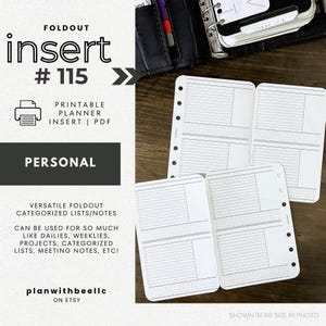 May include: Foldout insert #115 with printable planner insert. The image shows several white, lined paper inserts with a personal size layout. The inserts are designed for versatile use, including dailies, weeklies, and categorized lists. The text "planwithbeellc on Etsy" is visible.