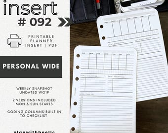 092 | Weekly Snapshot | Undated WO1P | Sun & Mon Starts | Printable Planner Insert | PERSONAL WIDE | Plan With Bee | Instant Download