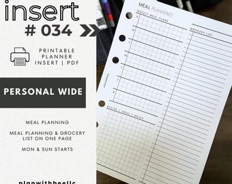 034 | Meal Planning & Grocery List | PERSONAL WIDE | Plan With Bee | Instant Download