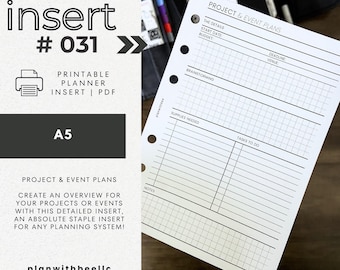 031 | Visão Geral do Planejamento de Projetos e Eventos | Inserção de Planejador Imprimível | A5 | Plan With Bee | Download Instantâneo