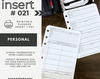 021 | School Information & Extra Curriculars | Printable Planner Insert | PERSONAL | Plan With Bee | Instant Download