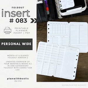 083 | Month At A Glance FOLDOUT v2 | Undated | Monthly + Weekly |Sun & Mon Starts| Printable| PERSONAL WIDE |Plan With Bee| Instant Download