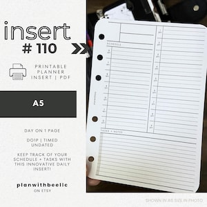 110 | 1日1ページ | DO1P | 時間指定スケジュール | 日付なし | 印刷可能なプランナー挿入物 | A5 | Plan With Bee | すぐにダウンロード