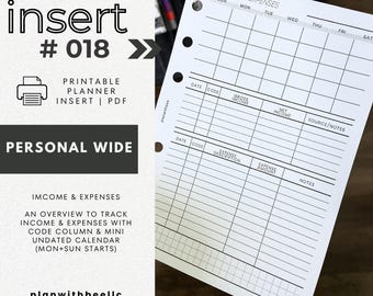 018 | Income & Expenses | Printable Planner Insert | PERSONAL WIDE | Plan With Bee | Instant Download