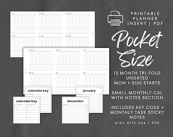 096 | 12-Month Tri-Foldout UNDATED | Printable Planner Insert | Key Code Printable Sticky Note | POCKET | Plan With Bee | Instant Download