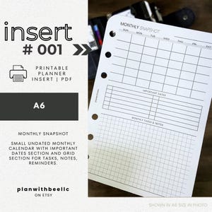 001 | 月間スナップショット | 日付なし MO1P V1 | 日曜日と月曜日開始 | 印刷可能なプランナー挿入 | A6 | Plan With Bee | すぐにダウンロード