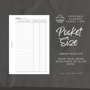 039 | Dziennik książek bibliotecznych | Wypożyczenia i terminy zwrotu | Wkładka do planera do druku | POCKET | Planuj z pszczołą | Natychmiastowe pobieranie