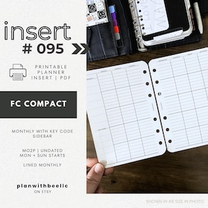 095 | MO2P キーコードサイドバー付き | 日付なし月間プラン | 日曜・月曜開始 | 印刷可能なプランナー挿入 | FCC | プランウィズビー | 即時ダウンロード