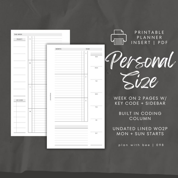 098 | WO2P w/ Key Code | Sidebar | Undated Weekly | Sun & Mon Starts | Printable Planner Insert | PERSONAL | Plan With Bee| Instant Download