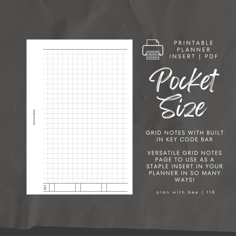 Op de afbeelding: Een afdrukbare planner-invoeging in zakformaat met rasteraantekeningen en een sleutelcodebalk. De pagina is wit met een zwart rasterpatroon. Tekst op de pagina is onder meer "Pocket Size" en "plan with bee".