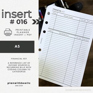 016 | Financial Key | Coded Finances | Recurring Bills & Income | Printable Planner Insert | A5 | Plan With Bee | Instant Download