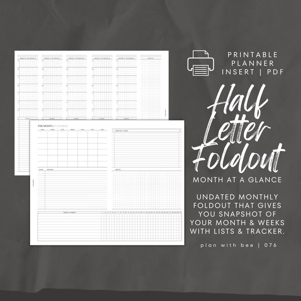 076 | Month At A Glance FOLDOUT w/ Tracker + Coded Task List | Undated | S&M Starts | Printable | HALF LETTER |PlanWithBee|Instant Download