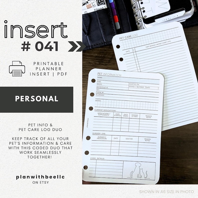 041 | Pet Info & Pet Care Log DUO | CODED Pet Care | Printable Planner Insert | PERSONAL | Plan With Bee | Instant Download image 1